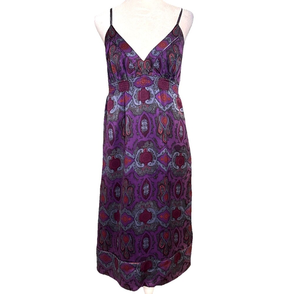 Banana Republic Purple Paisley 100% Silk Midi Dress Size 4 Smocked Empire Waist
